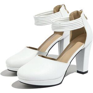 Women's White Closed Toe Stylish Pumps Platform Heels Ankle Strap Dress Shoes